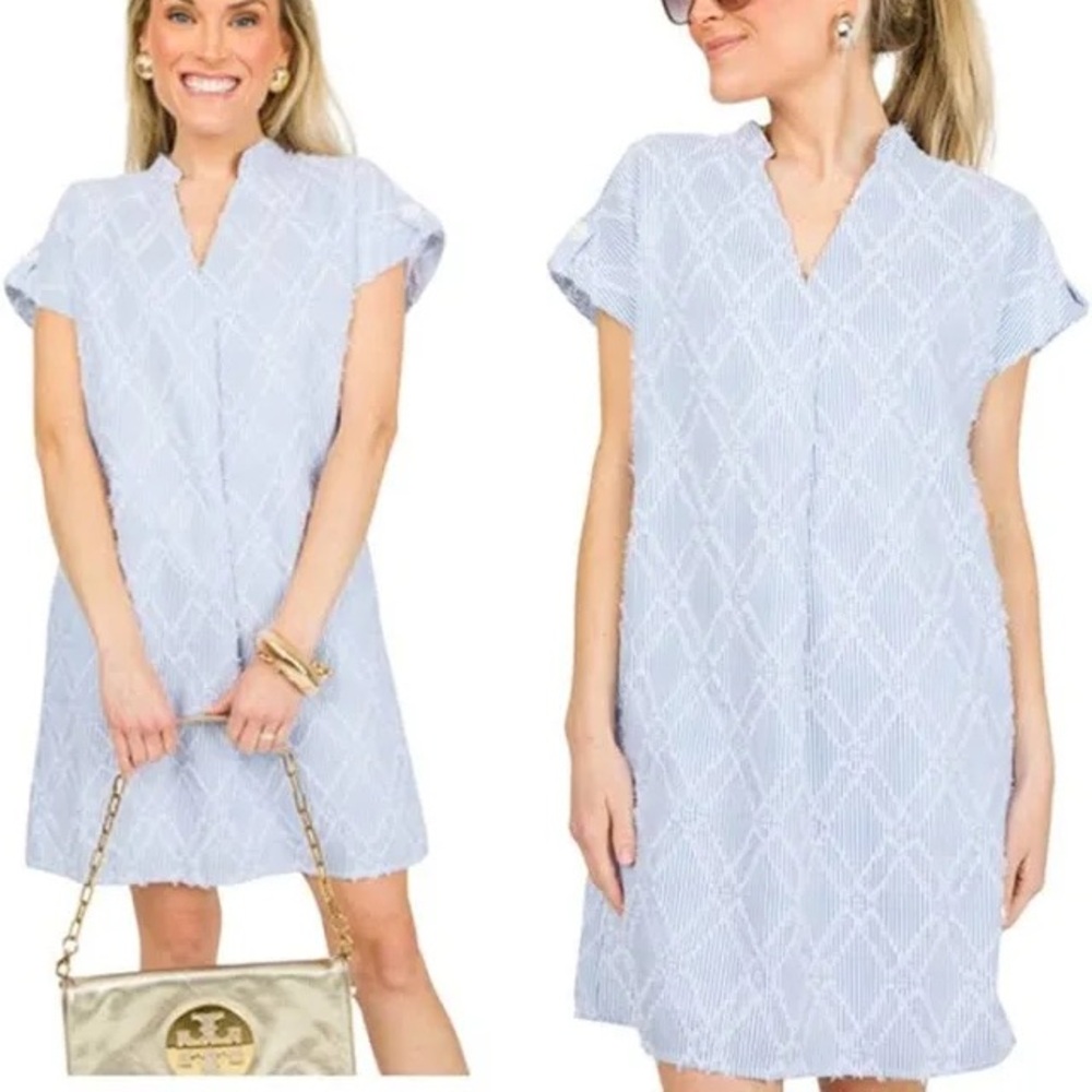 THML Pale Blue V-Neck Textured Mini Dress - Picture 16 of 16